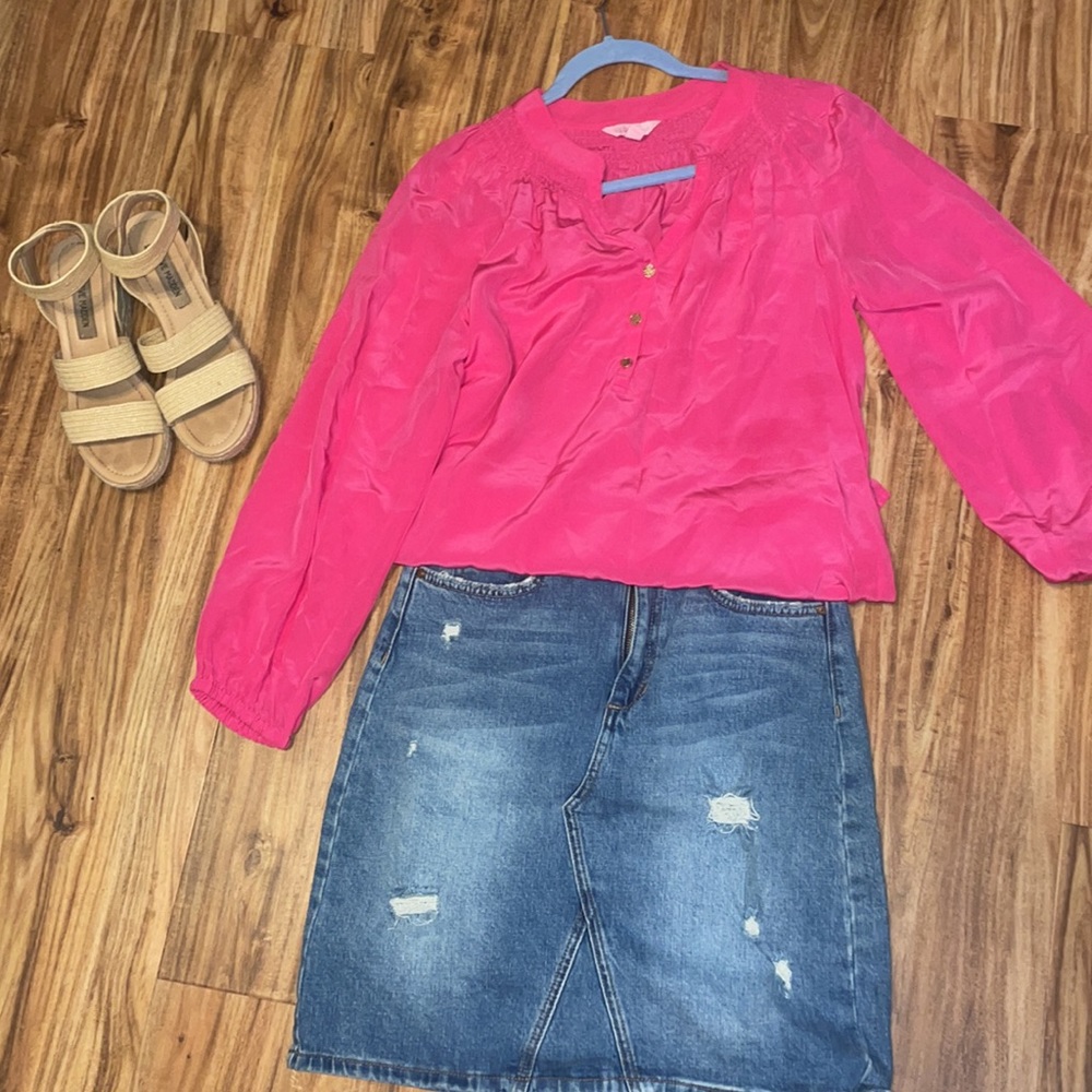 Lilly Pulitzer Elsa silk sunset pink smocked top size M 8 10